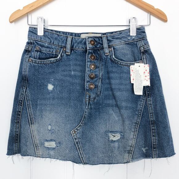 Free People Denim Skirt Mini Distressed A-Line Exposed Button Fly Size 25 Blue - Picture 1 of 13